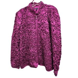 Adressing Woman Womens Jacket Size 1X Fuchsia Zip Up Crinkled Sequined Artsy